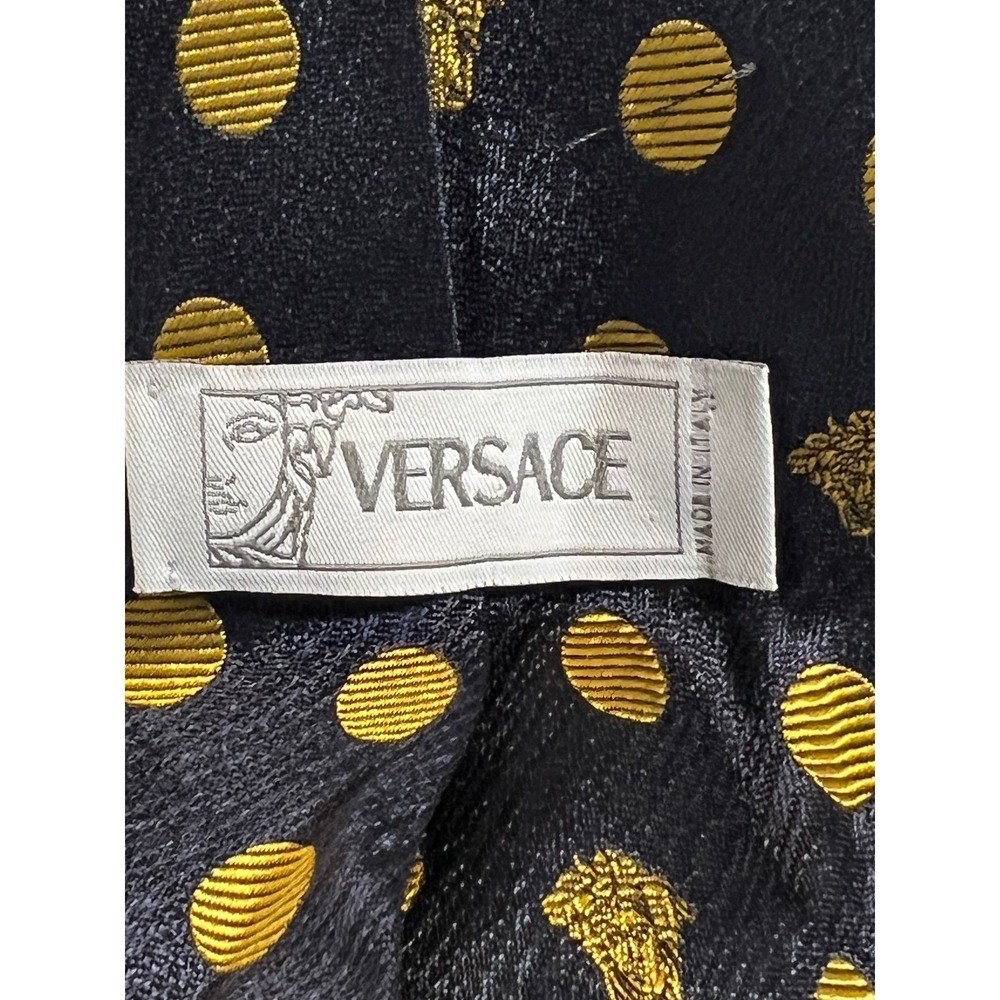 Versace Necktie Mens OS Navy Blue Gold Polka Dot Medusa Head Silk Made in Italy - Picture 4 of 12